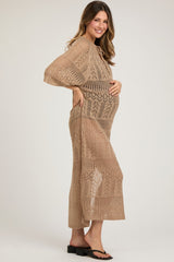 Taupe Open Knit Front Tie Side Slit Midi Maternity Swim Cover Up