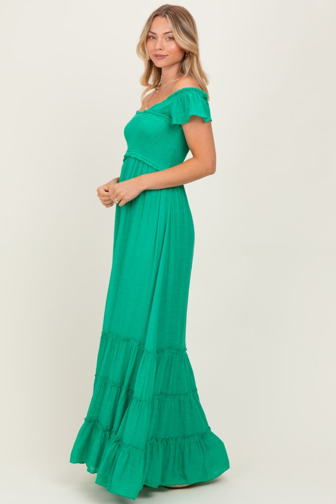 Green Smocked Crossover Off Shoulder Maxi Dress