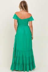 Green Smocked Crossover Off Shoulder Maxi Dress