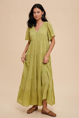 Green Button Detail Tiered Maxi Dress