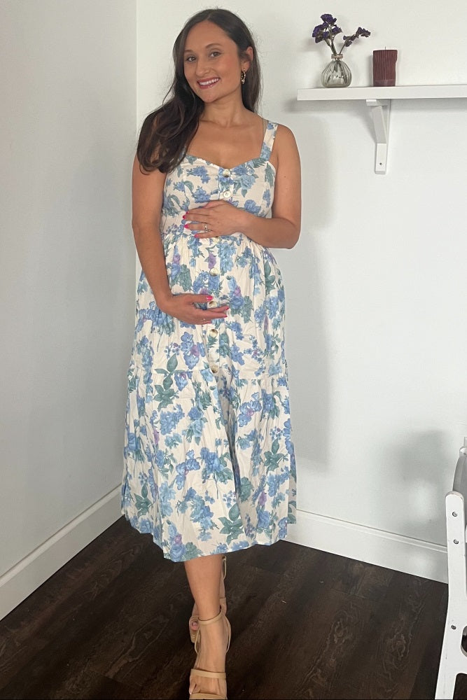 Blue Floral Sweetheart Neck Button Front Maternity Midi Dress