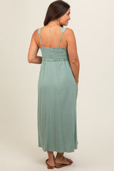 Light Olive Button Down Smocked Maternity Dress