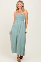 Light Olive Button Down Smocked Dress