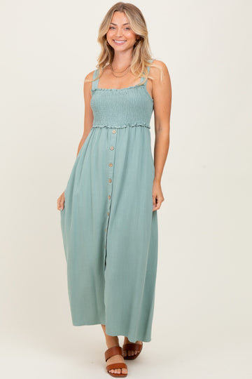 Light Olive Button Down Smocked Dress