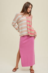 Pink Ribbed Knit Side Slit Maternity Midi Dress