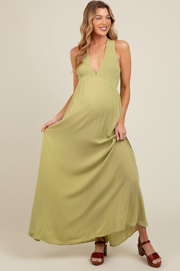 Lime Deep V-Neck Cross Back Maternity Maxi Dress