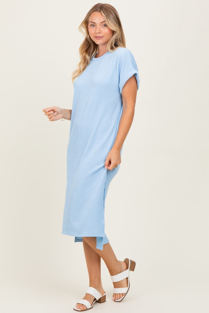 Light Blue Ribbed Short Sleeve Midi Dress