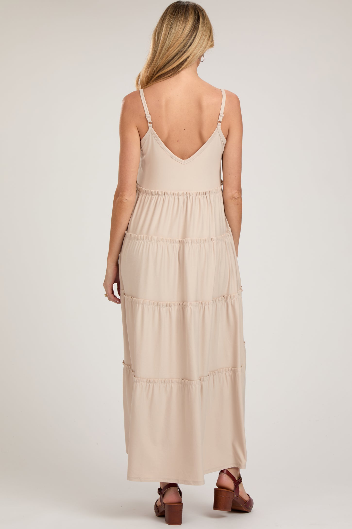 Beige Tiered Sleeveless Maternity Maxi Dress