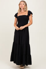 Black Smocked Ruffle Off Shoulder Tiered Maternity Maxi Dress