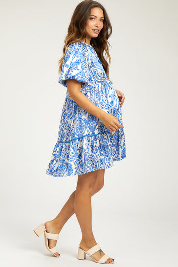 Blue Print Satin Puff Sleeve Maternity Dress