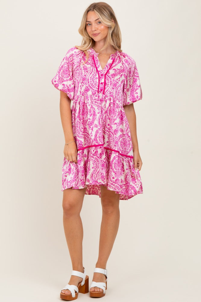 Fuchsia Print Satin Puff Sleeve Dress
