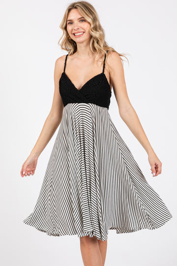 Black Striped Lace V-Neck Dress