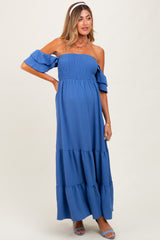 Blue Ruffle Tiered Maternity Maxi Dress
