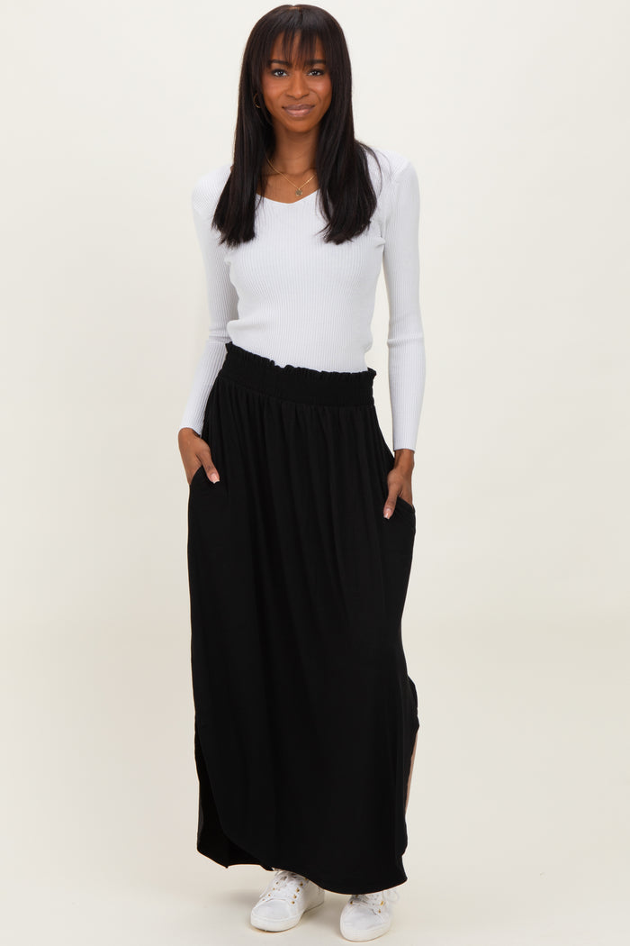 Black Smocked Rounded Hem Maternity Maxi Skirt