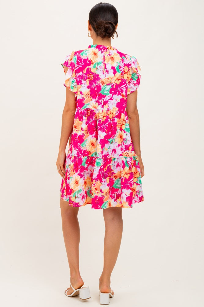 Fuchsia Floral Ruffle Tiered Dress
