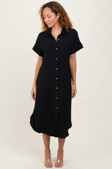 Black Button Down Front Pocket Maternity Midi Dress