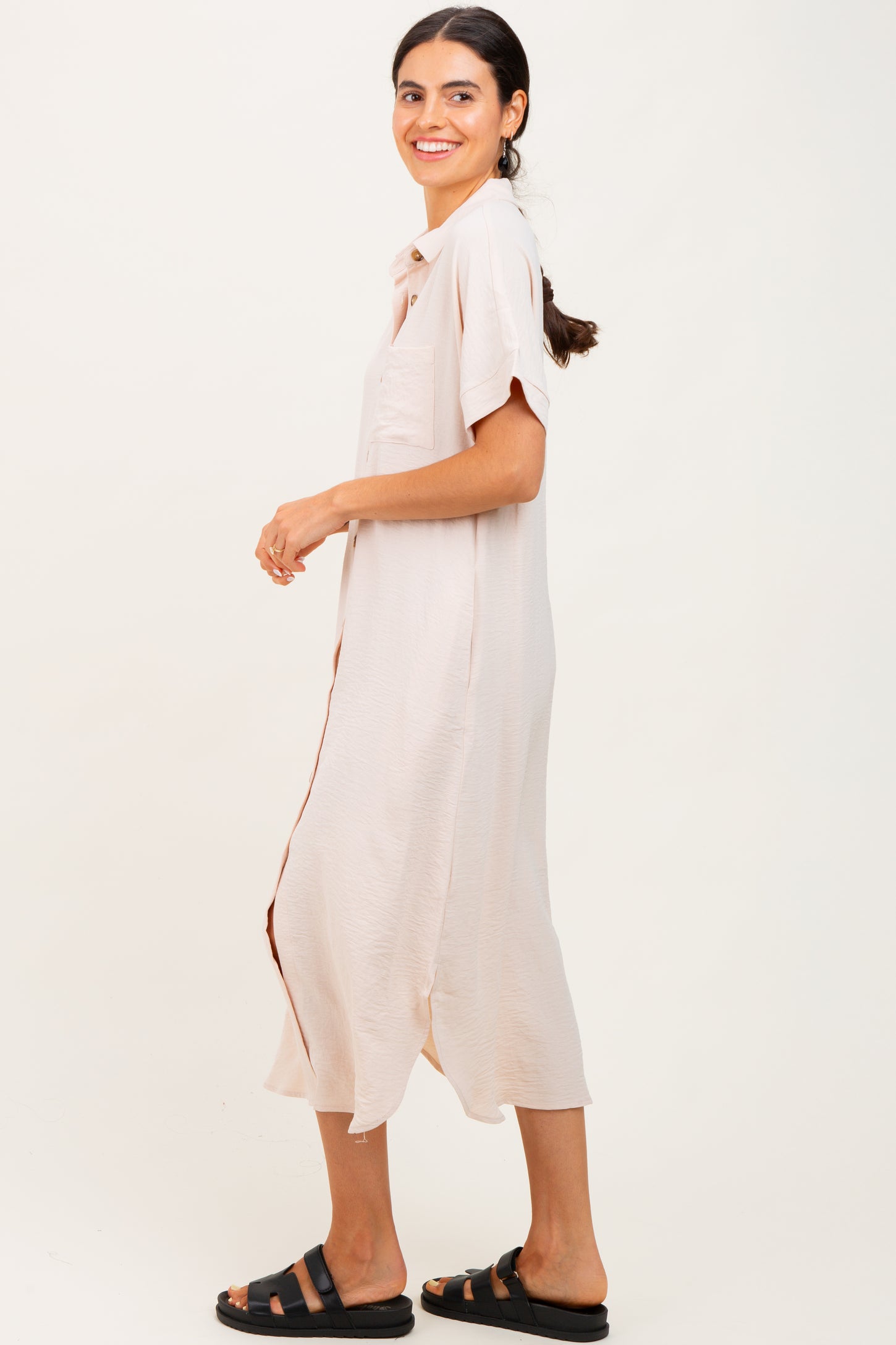 Beige Button Down Front Pocket Midi Dress