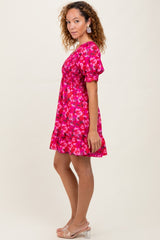 Fuchsia Floral Smocked V-Neck Ruffle Dress