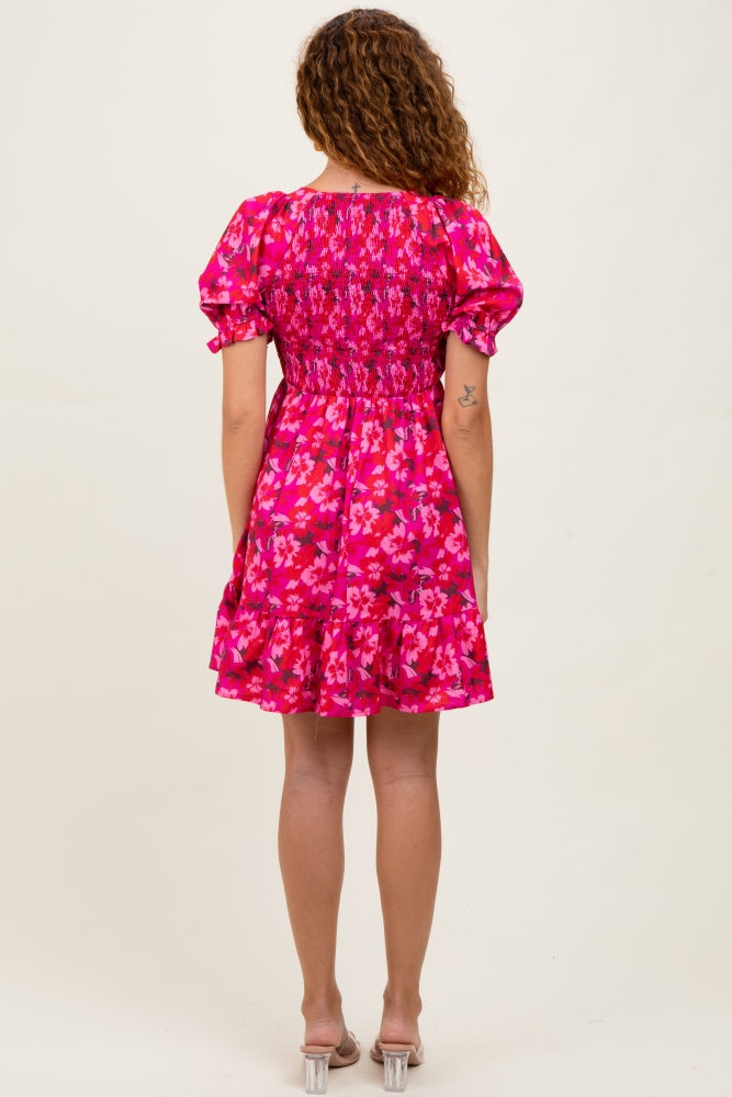 Fuchsia Floral Smocked V-Neck Ruffle Dress