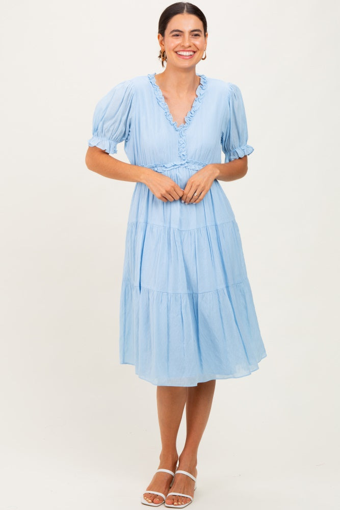 Light Blue Ruffle Trim Tiered Maternity Dress