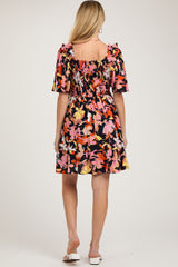 Navy Floral Smocked Ruffle Hem Maternity Dress