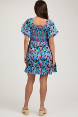Blue Multi-Color Tropical Print Ruffle Hem Maternity Dress