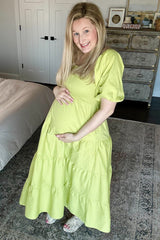 Light Olive Smocked Square Neck Puff Sleeve Tiered Maternity Maxi Dress