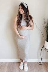 Heather Grey Sleeveless Ribbed Fitted Maternity Midi Dress