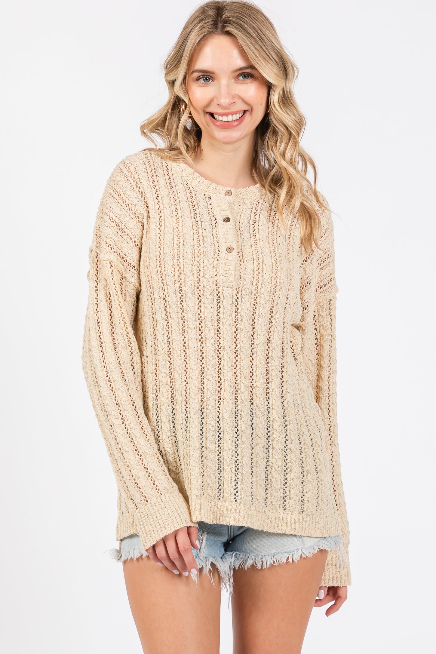 Cream Open Knit Front Button Sweater
