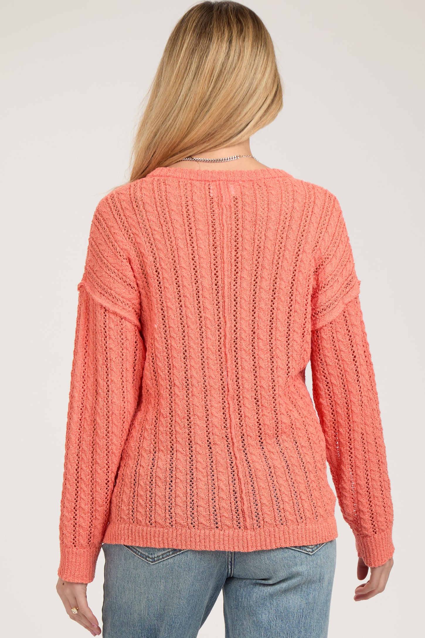 Coral Open Knit Front Button Maternity Sweater