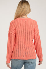 Coral Open Knit Front Button Maternity Sweater