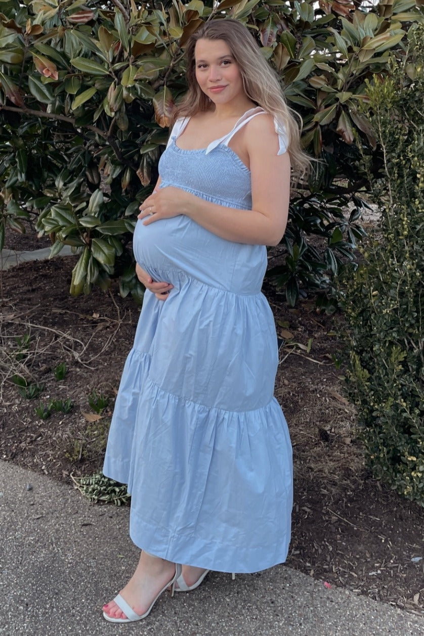 Light Blue Contrast Shoulder Straps Maternity Maxi Dress