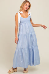 Light Blue Contrast Shoulder Straps Maxi Dress