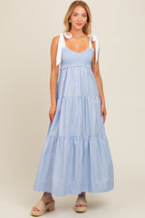 Light Blue Contrast Shoulder Straps Maxi Dress