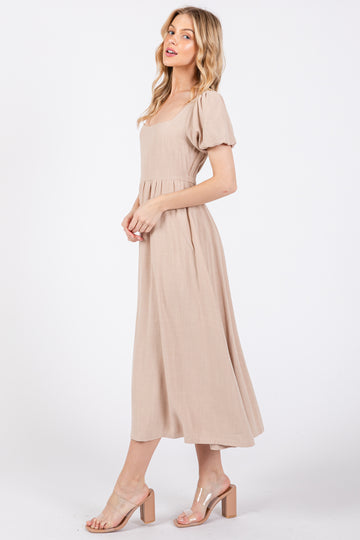 Taupe Puff Sleeve Linen Midi Dress