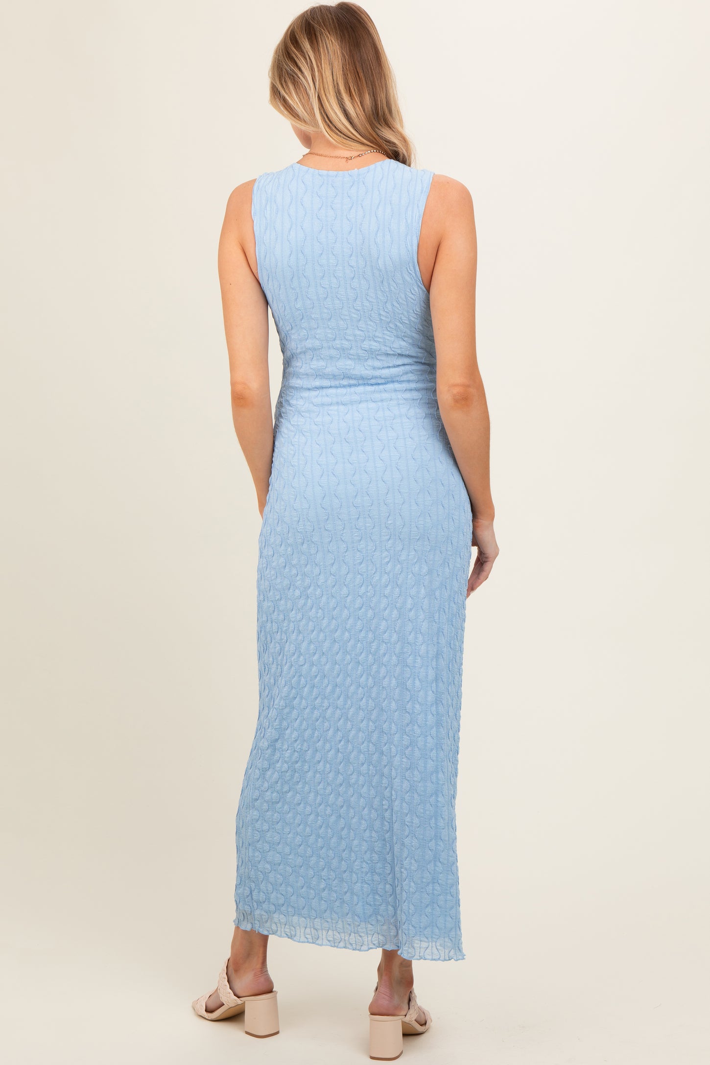 Light Blue Mesh Overlay Maternity Midi Dress