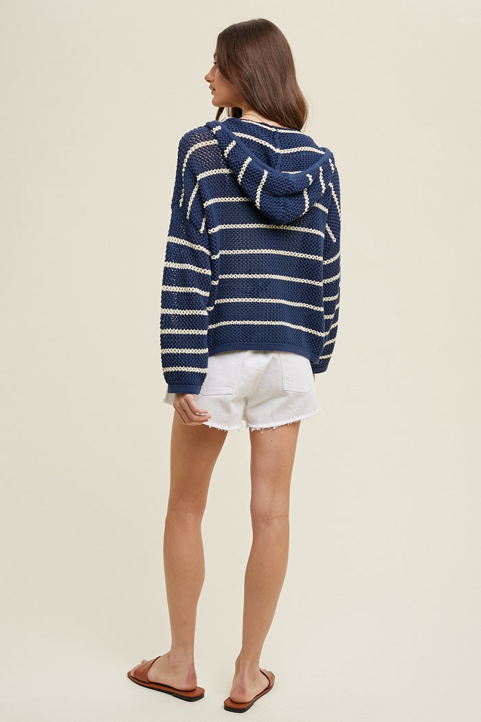 Navy Striped Open Knit Hooded Long Sleeve Top