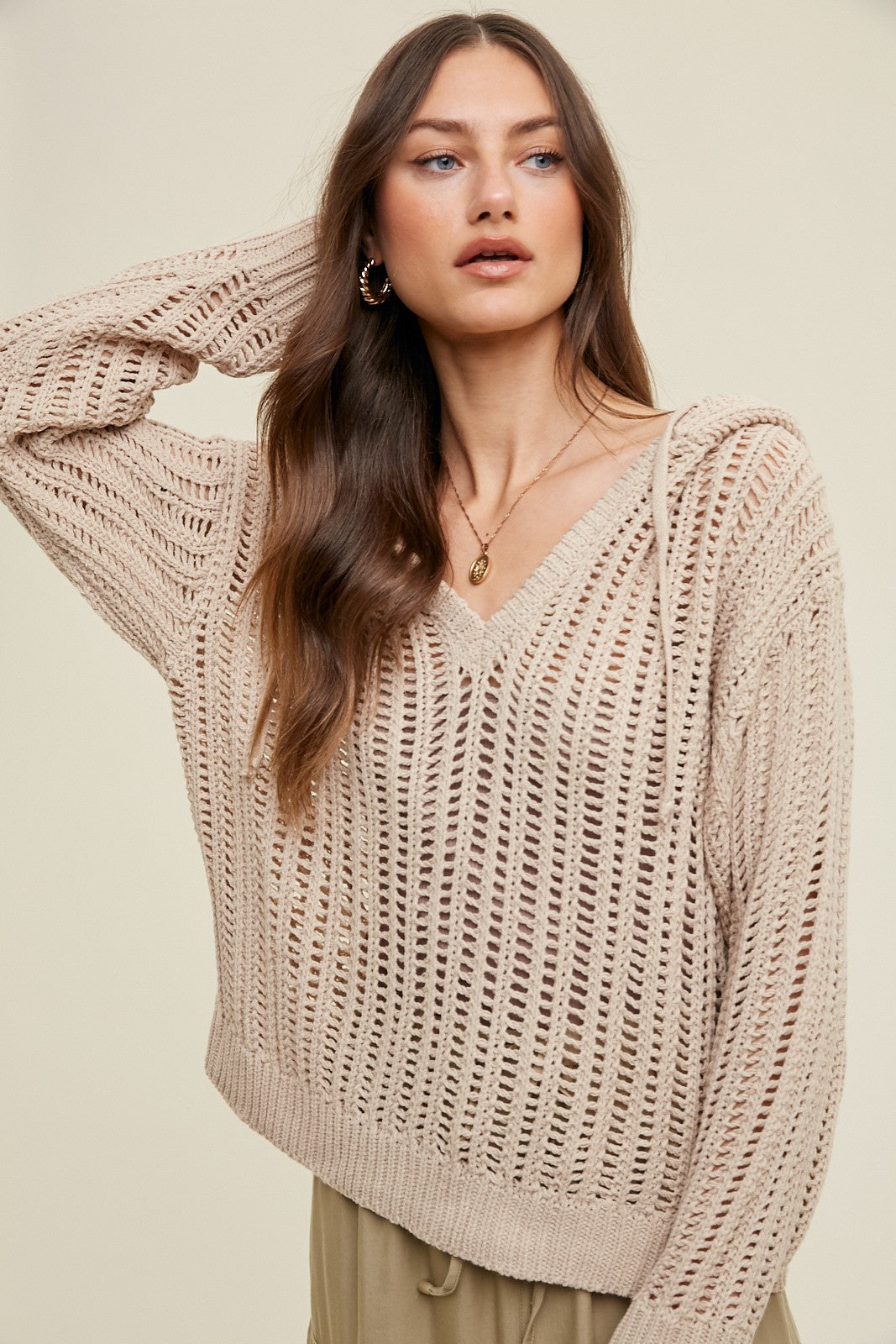 Taupe Open Knit Maternity Hooded Sweater