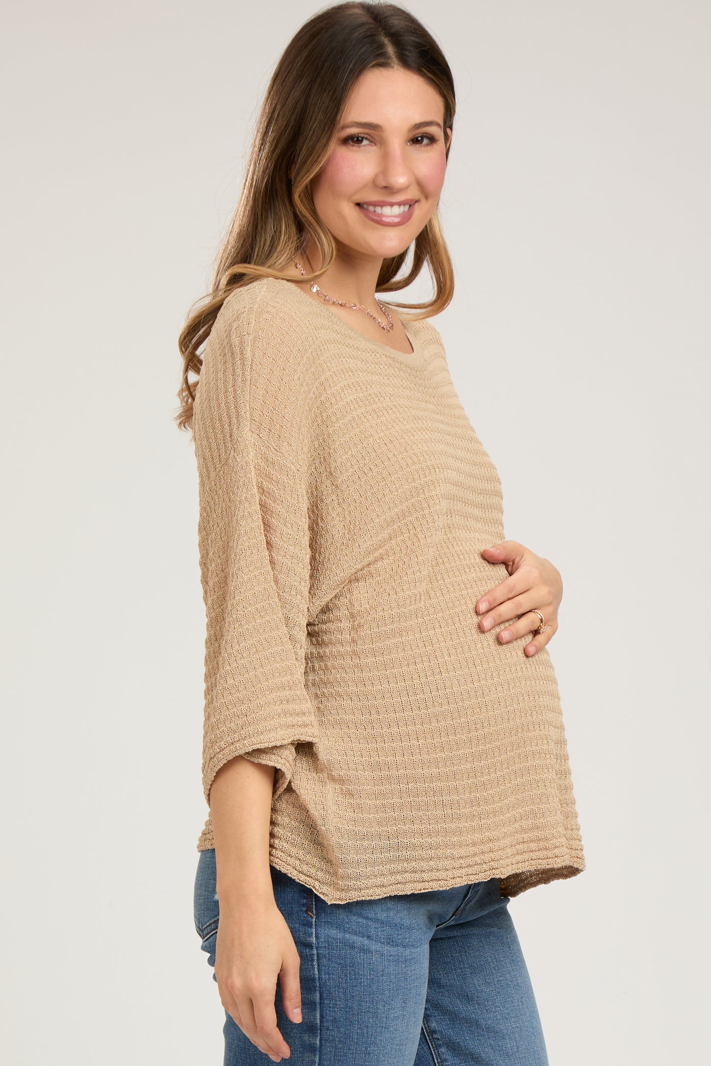 Beige Knit Maternity Short Sleeve Top