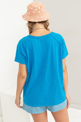 Blue Raw Hem Short Sleeve Top