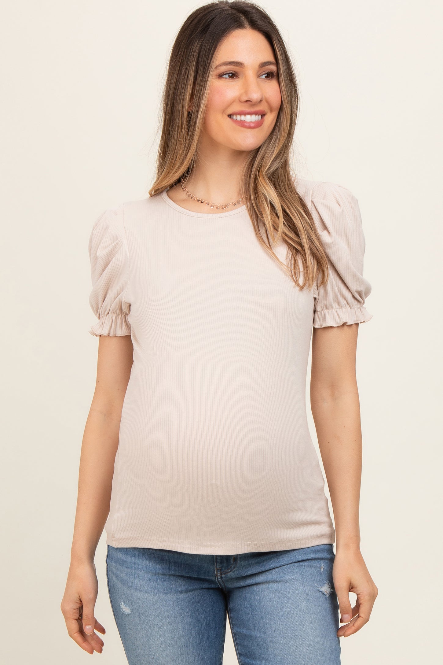 Beige Ribbed Puff Sleeve Maternity Top