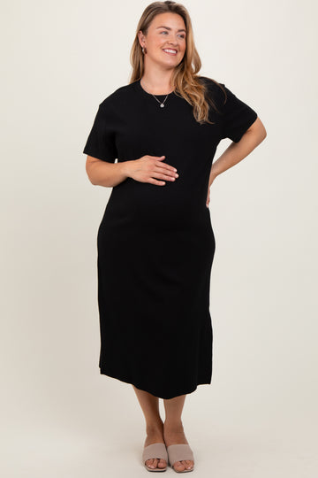 Black Short Sleeve Side Slit Maternity Plus T-Shirt Midi Dress