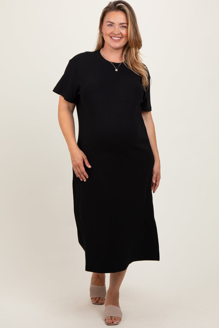Black Short Sleeve Side Slit Maternity Plus T-Shirt Midi Dress