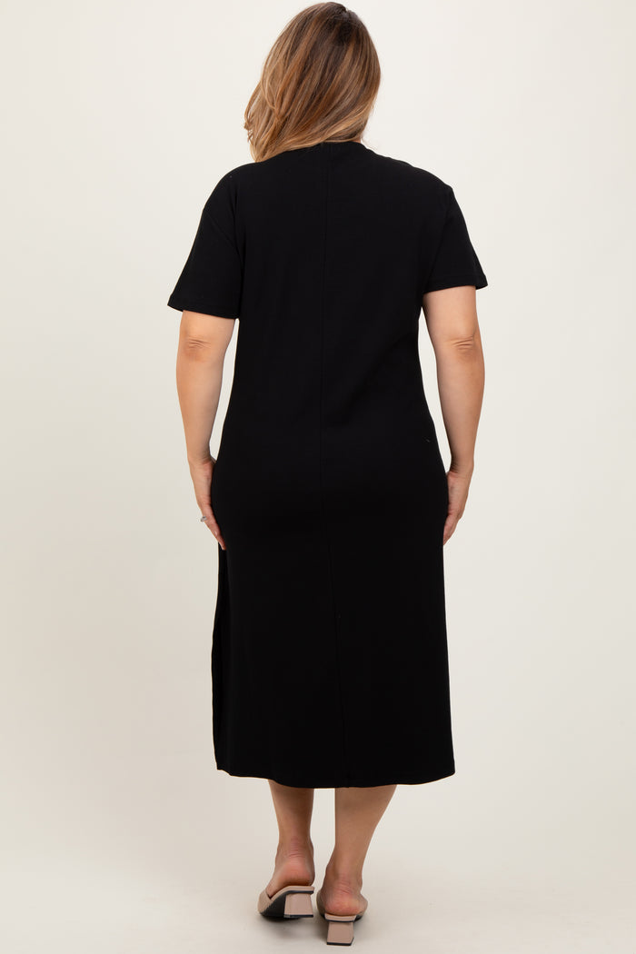 Black Short Sleeve Side Slit Maternity Plus T-Shirt Midi Dress
