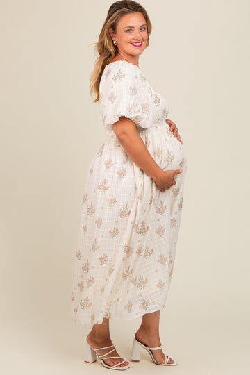 Beige Floral Textured Dot Smocked Sweetheart Neck Maternity Plus Midi Dress