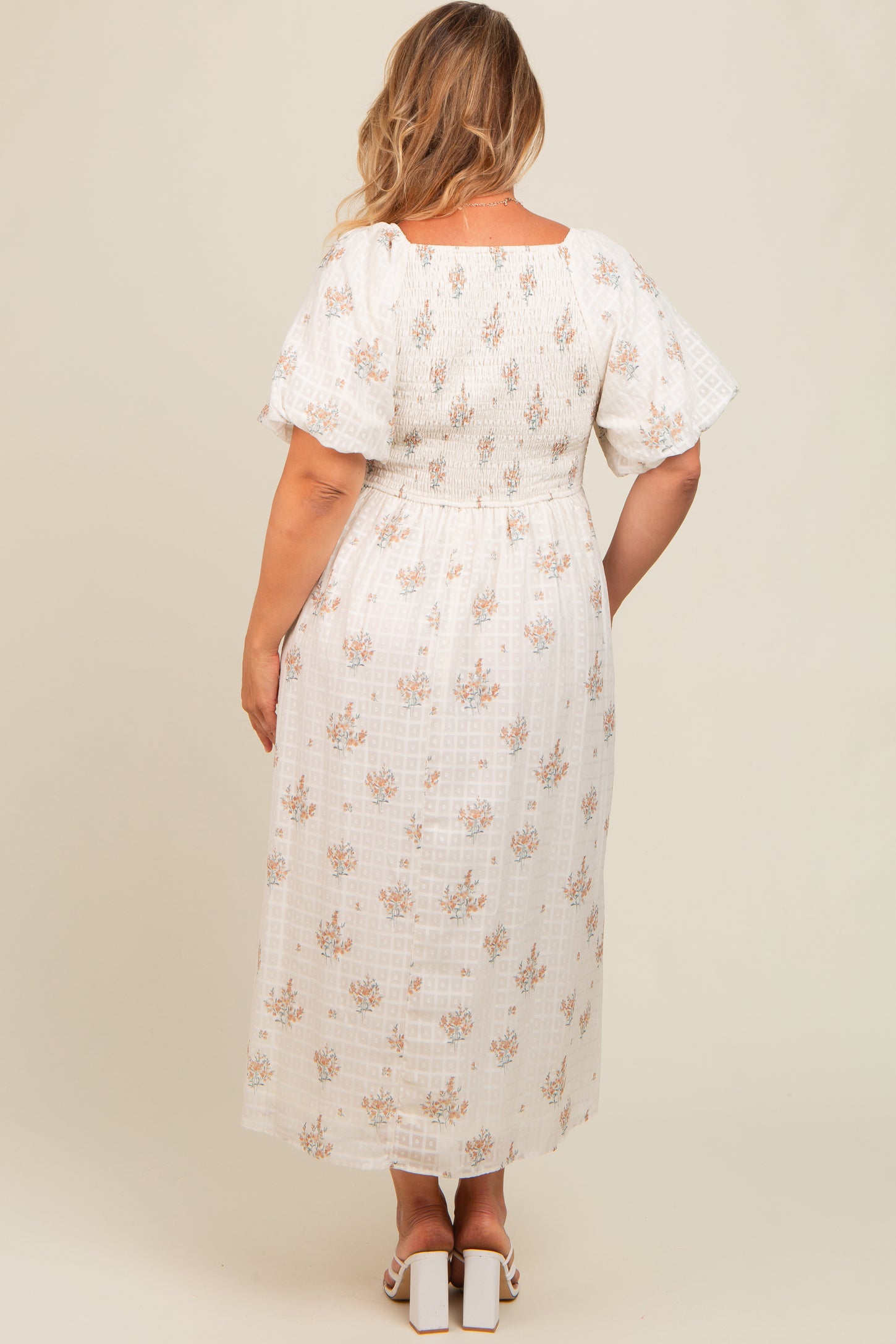 Beige Floral Textured Dot Smocked Sweetheart Neck Maternity Plus Midi Dress
