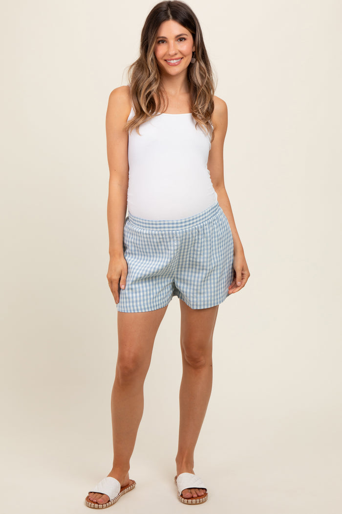 Blue Gingham Front Pocket Maternity Shorts