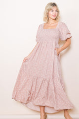 Light Pink Floral Smocked Square Neck Short Puff Sleeve Maternity Midi Dress