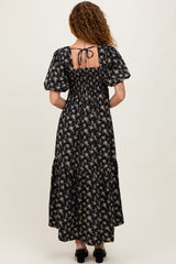 Black Floral Smocked Square Neck Short Puff Sleeve Midi Dress