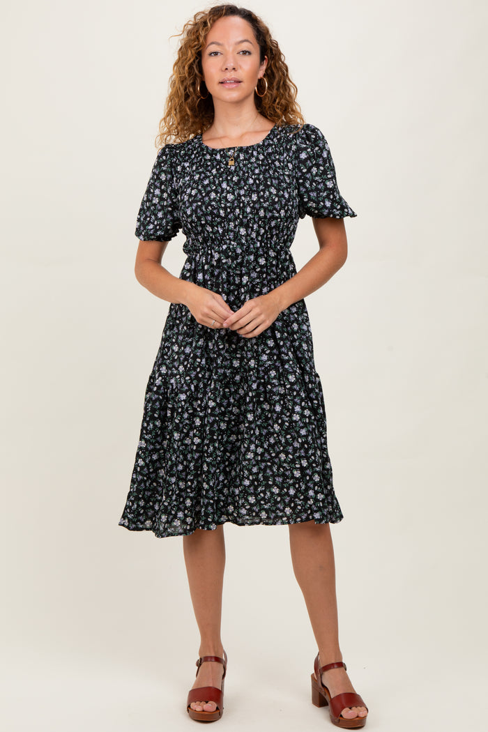 Black Floral Smocked Maternity Midi Dress